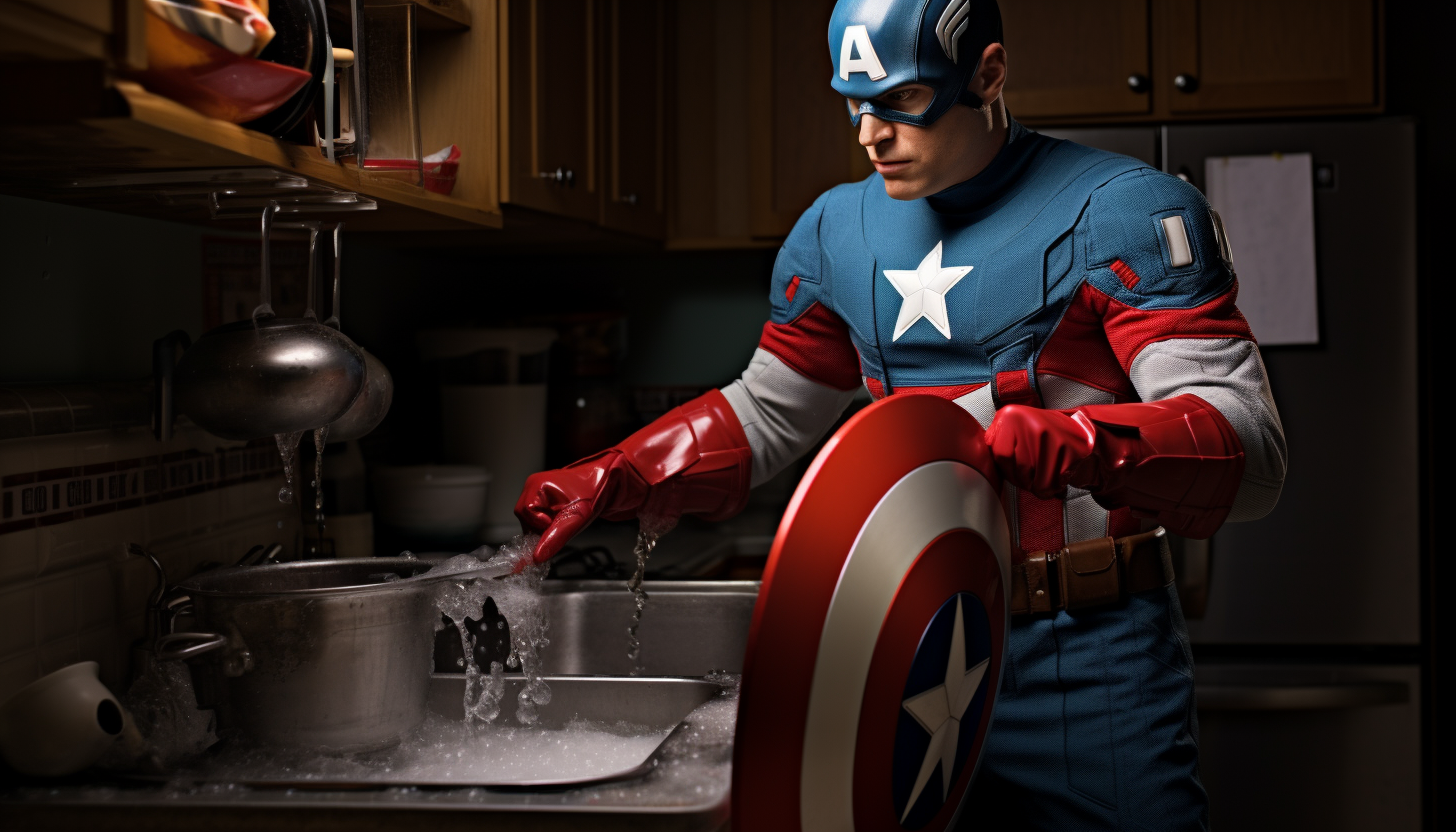 Captain America washing dishes