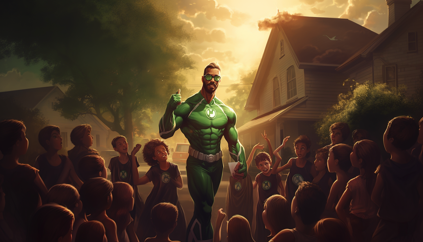 Green Lantern surrounded by kids