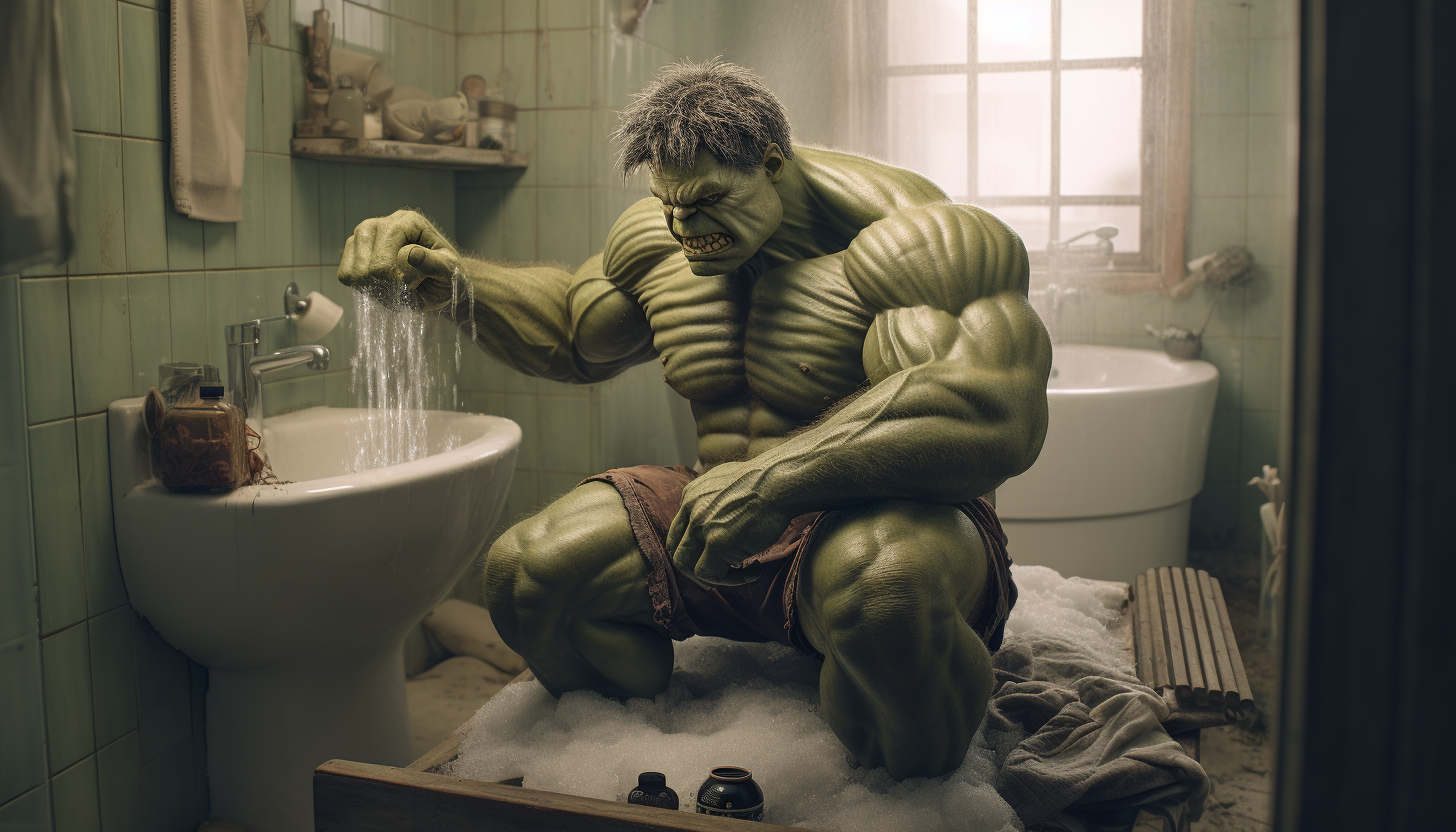 Hulk washing his feet in the bathroom