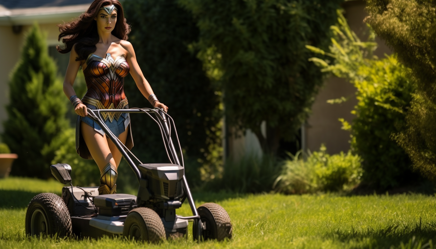 Wonder Woman mowing the yard
