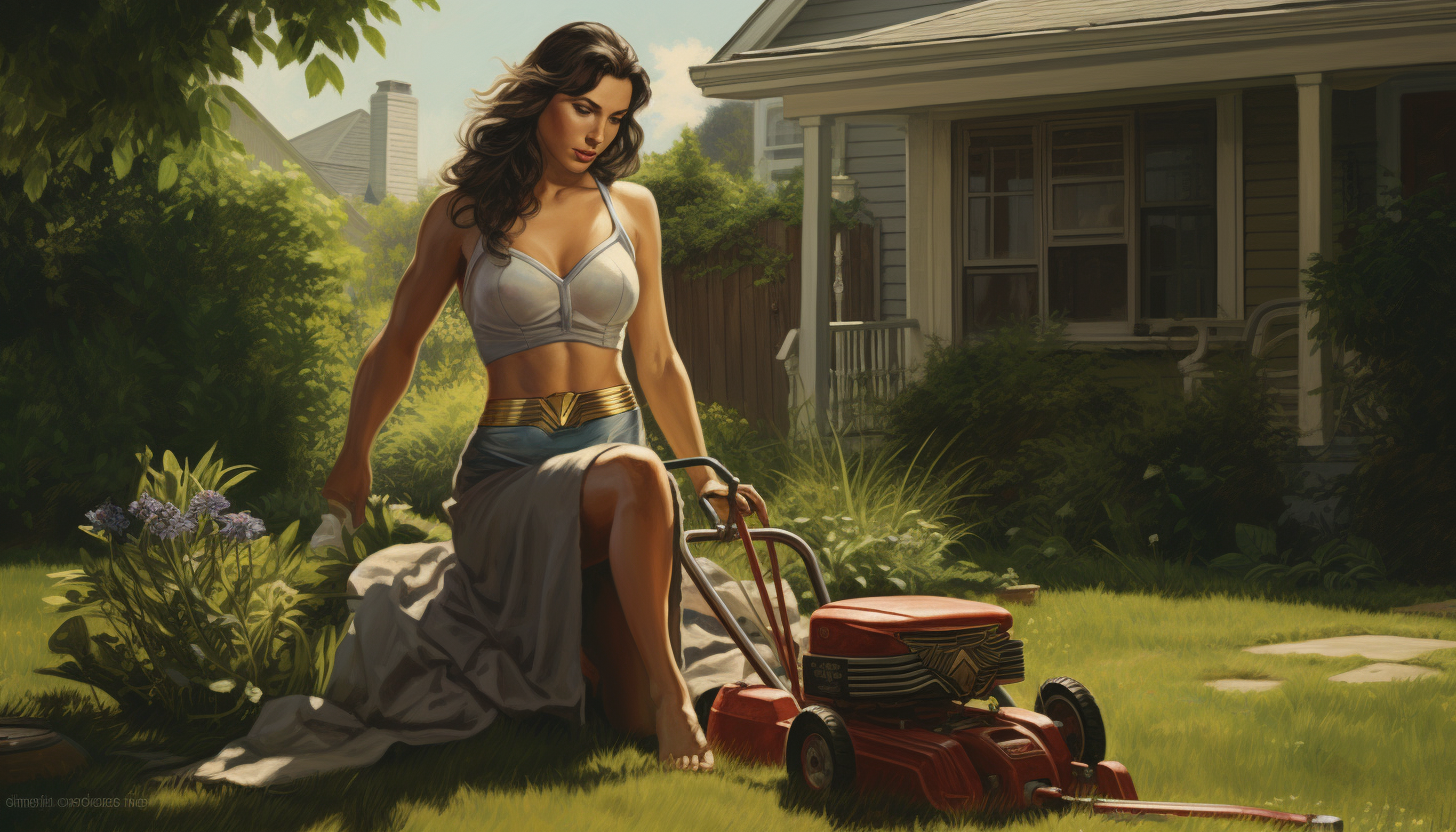 Wonder Woman sitting next to lawnmower