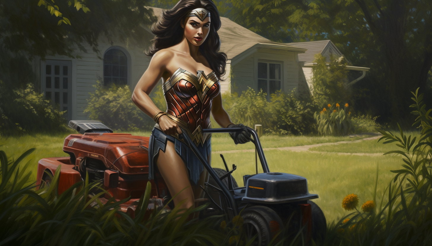 Wonder Woman with lawnmower